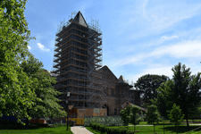 Altgeld Hall's bell tower area shown under Phase II/exterior renovations